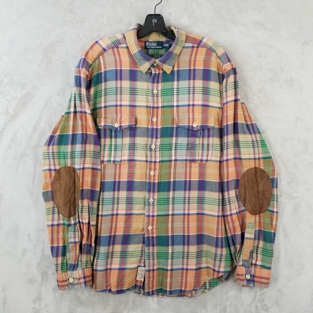 Vintage Polo Country Ralph Lauren Flannel Work Shirt Men XXL Plaid Elbow Patches